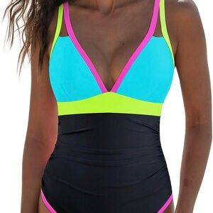 Neon Colorblock One Piece Swimsuit Size Large POPVIL Beach New